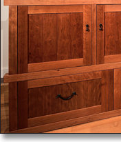 This stunning piece evokes an antique Japanese tansu. The asymmetry and varied door and drawer fronts reflect authentic tansu design features, and the hand-wrought iron hardware was sourced in Japan.