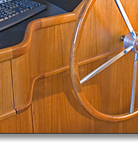 Teak console and window framing replaced original pilot house maple, which had yellowed with age.